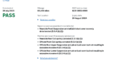 Screenshot of a vehicle MOT test results page for a MINI. The test date is 28 July 2023, and the status is "PASS" in green. Mileage reads 101,416 miles. The MOT test number is 6231 0852 4995, with the expiry date of 24 August 2024. Minor defects and items to monitor are listed, including suspension and