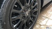 Close-up of a shiny black alloy wheel on a MINI, featuring multiple spokes and a central hub with a logo. The visible tire is marked "PERFORMANCE." The surrounding ground is wet, with leaves and debris scattered around. The car body is partially visible.