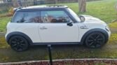 A white MINI Cooper with a black roof and black wheels is parked on a grassy area beside a paved path. Trees and residential buildings are visible in the background. The car is positioned sideways, showing the driver's side profile. Some fallen leaves are scattered on the ground.