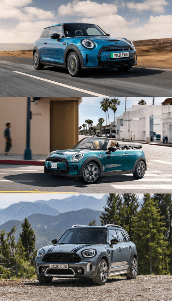 A three-panel image about us showcases different Mini Cooper models. The top panel features a blue three-door Mini Cooper on a highway. The middle shows a green Mini Cooper convertible driving in an urban area. The bottom displays a grey Mini Cooper Countryman parked in a scenic mountain setting.