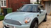 2011 Mini One hatch in duck egg blue with chrome trim. Black cloth interior. 83xxx miles and willRise slightly as still in occasional use. Cambelt/ water pump