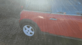A red mini car with a white roof, likely a Mini Cooper, is parked on a cobblestone surface. Sunlight shines intensely from the top left, creating lens flares and casting bright rays that partially obscure the mini trader’s details.