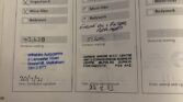 A mini car maintenance logbook page showing checkboxes for oil service, inspections, and filters. Two rows are filled with mileage (42,628 and 51,024), dates, stamps, signatures, and a note: “Engine oil & filter replaced.” A mini trader address is visible.