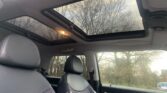 Interior of a mini car with two black leather seats and a panoramic sunroof. The sunroof reveals a cloudy sky and leafless trees outside. A small ceiling light is on, and the upper part of the mini's door and side windows are visible.