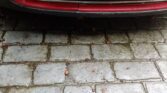 Close-up of a wet cobblestone pavement with scattered brown debris, possibly seeds or nuts. The lower edge of a red mini car bumper and a partial white license plate are visible at the top. The scene appears to be outdoors, after rain.