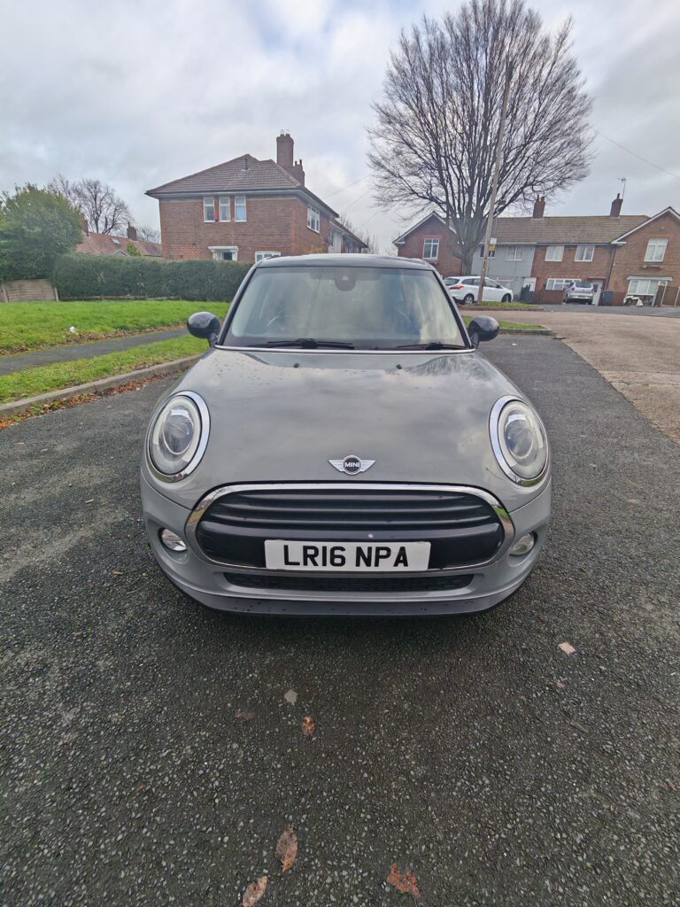 A gray Mini Cooper mini car is parked on a residential street facing the camera. The license plate reads "LR16 NPA." Brick houses, a large leafless tree, green grass, and a cloudy sky form the backdrop. Wet ground hints at recent rain.